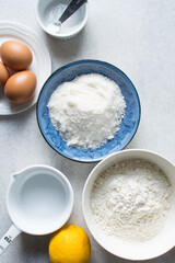 Top view of cake ingredients for baking, mise en place of cake ingredients, process of making cake