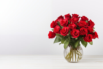 Red roses in a vase isolated background, space on right for copy text, card concept