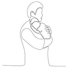 Happy fathers day. One continuous line drawing of a man with a child. Father and his children. The young father smiles and holds the baby in his arms, clutching him to himself. Vector illustration