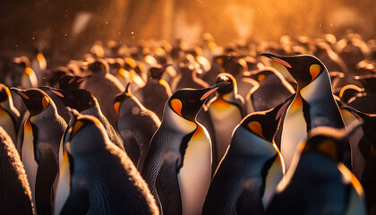 Penguins waddling in a row on snowy arctic coastline generated by AI