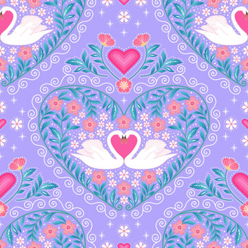 Love white swan seamless pattern. pink heart botanical floral print in blue background. flower garden for valentine's day. good for fabric, fashion design, wallpaper, bedding, textile, fashion design.