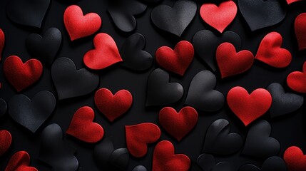 Red and black heart shaped rocks on black background. Pile of white heart pebble, stone. Valentine's day. Heart shape of pebble on small peddles. - obrazy, fototapety, plakaty