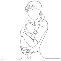 Happy Mother's Day card. Continuous one line drawing. Woman holding her baby. Vector illustration
