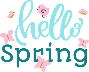 Hello Spring text with cute bird and butterflies. Seasonal greeting card design. Springtime celebration vector illustration.