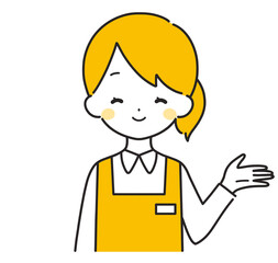 オレンジ色｜案内する女性店員｜左手
