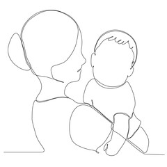 Happy Mother's Day card. Continuous one line drawing. Woman holding her baby. Vector illustration