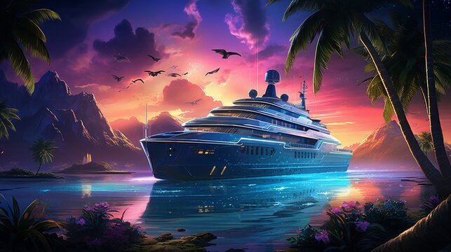 Illustrate a superyacht anchored near a tropical island, surrounded by bioluminescent waters and lush greenery.
