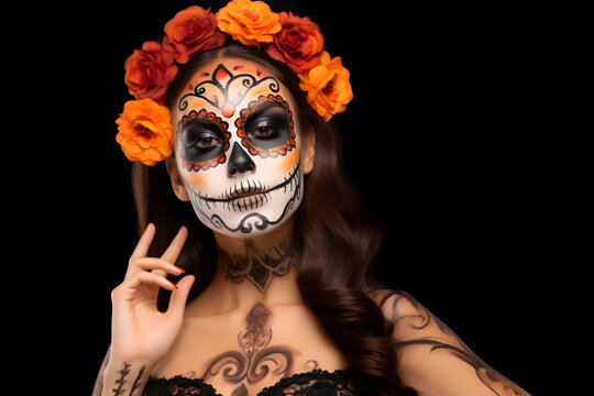 
“A woman adorned with La Calavera Catrina makeup at a festival in Mexico is a sight to behold. Her face is painted with intricate designs, transforming her into a beautiful.