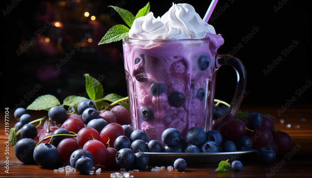 Wall mural fresh blueberries and raspberries on a wooden table, a summer delight generated by ai