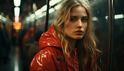 Young woman, fashion model, looking at camera, outdoors, elegance, beauty generated by AI