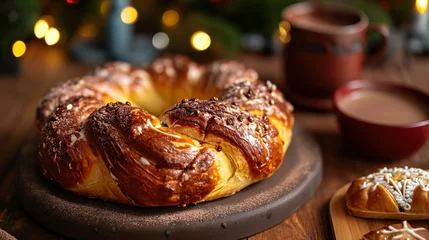Foto op Aluminium Three Kings Bread also called Rosca de Reyes, Roscon, Epiphany Cake, traditionally served with hot chocolate in a clay Jarrito. Mexican tradition on January 5th © Jennifer