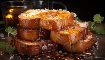 Grilled pork slice on wooden plate, a sweet indulgence generated by AI