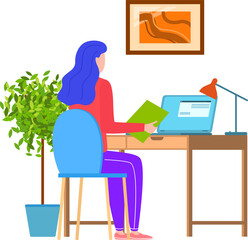 Woman working at home office desk with laptop and documents. Female freelancer in casual clothes focused on computer work. Remote work and freelance lifestyle vector illustration.