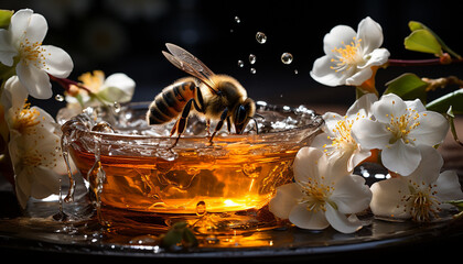 Honey bee pollinates flower, creating fresh, yellow, natural sweetness generated by AI - obrazy, fototapety, plakaty