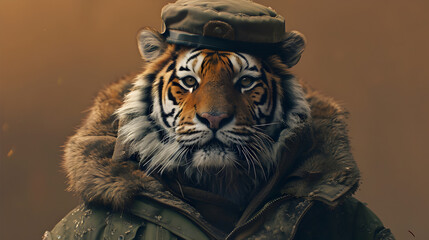 Soldier Wearing Tiger's Hat and Jacket