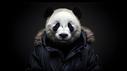 Fototapeta premium Panda Bear Wearing a Coat and Jacket on a Black Background
