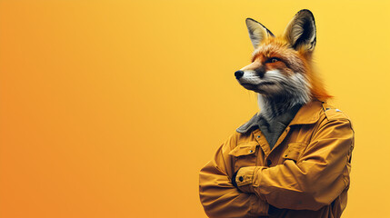 Fototapeta premium Gray Fox in Jacket on yellow background