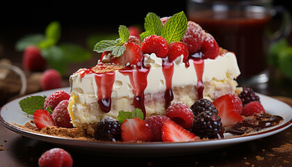 Freshness of summer berries on a gourmet homemade chocolate cheesecake generated by AI