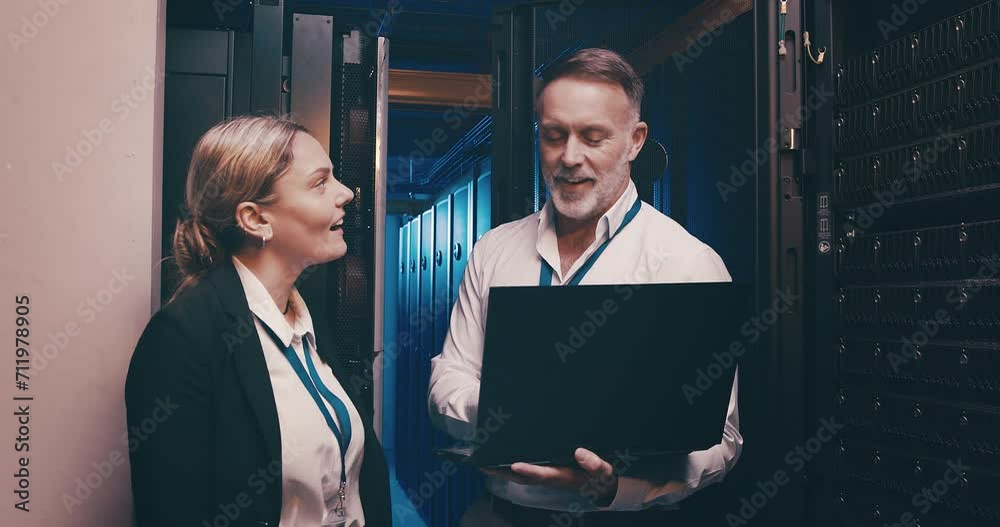 Aufkleber server room, man and woman or laptop with teamwork, communication and information technology. datace