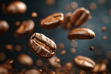 Fototapeta premium Close up of coffee beans in mid air with a dark background.