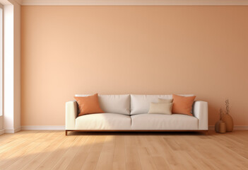 3d image of neutral couch in an empty living room with wooden floor and windows, in the style of light orange and beige, simplicity,