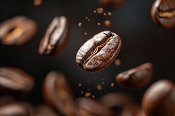 Fototapeta premium Close up of coffee beans in mid air with a dark background.