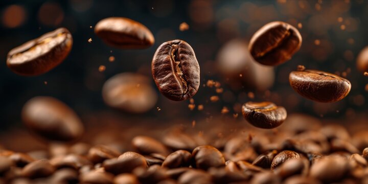 Close up of coffee beans in mid air with a dark background. © ParinApril