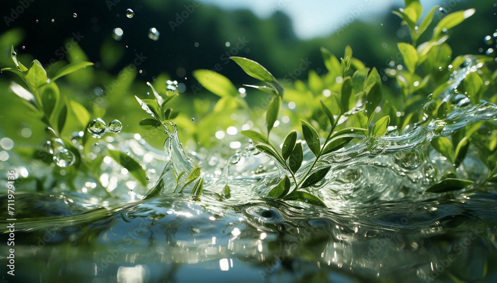 Sticker fresh green leaf with dew drop reflects beauty of nature generated by ai