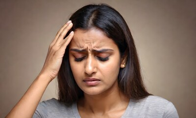 Fototapeta premium Young Indian girl holds her head in pain
