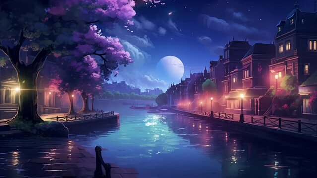 Animated illustration of a calm river in the middle of the city at night. Illustrations of river views are suitable for comfortable nighttime travel needs. background animation.
