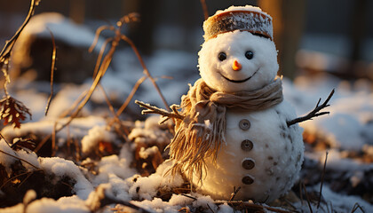 Obraz premium Winter celebration Smiling snowman decorates outdoors, bringing joy and cheer generated by AI