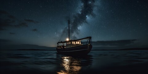 boat sailing under a starry night sky