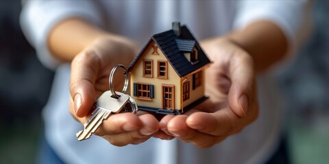 Person holding a set of keys and a small house model. - obrazy, fototapety, plakaty