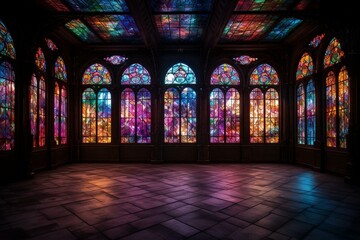 A vacant chamber illuminated by vibrant stained glass windows. Generative AI