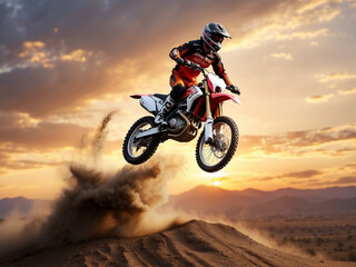 Motocross racer with his motorcycle floating in the sky, at the desert