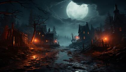 Spooky Halloween night dark horror, moonlight mystery, evil tombstone generated by AI