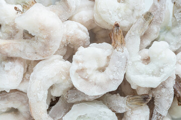 Top view of frozen raw shrimp peeled and deveined