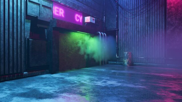 Cyberpunk  town - night scene. Old urban alley with building, wires, pipes, barrel, neon lights, signboard, flying smoke for templates, banners. 4k video footage. 3d render modern design in stock vide