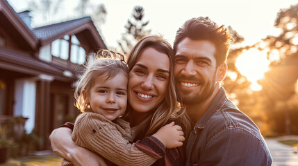 Beautiful family portrait smiling outside their new house with sunset