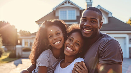 Beautiful family portrait smiling outside their new house with sunset - obrazy, fototapety, plakaty