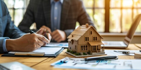 Two professionals discussing over a model house at a desk.