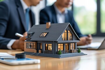 Fototapeta premium Two professionals discussing over a model house at a desk.