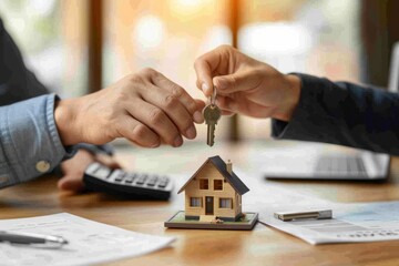 Key handover with a model house on the table.