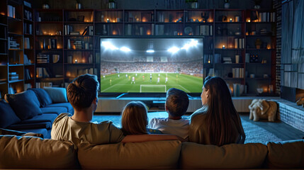 Caucasian family watching tv with football match on screen. Global sport concept, digital composite image. - obrazy, fototapety, plakaty