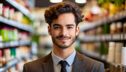 Fototapeta na wymiar Portrait of handsome young man standing in cosmetics store and looking at camera