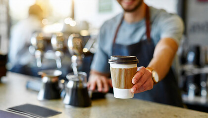 Coffee to go in hand of barista in coffee shop
