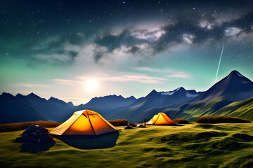 Fototapeta na wymiar Natural Recreation Area under the Starlight: The Attractiveness of Mountain Tent Camping generative ai