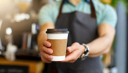Coffee to go in hand of barista in coffee shop