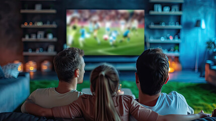 Caucasian family watching tv with football match on screen. Global sport concept, digital composite...