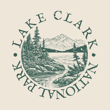 Lake Clark, Alaska Illustration Clip Art Design Shape. National Park Vintage Icon Vector Stamp.